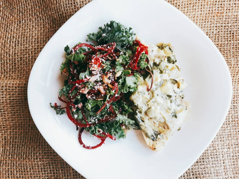 Spinach and Artichoke Smallmouth Bass Recipe With Kale and Beet Salad 